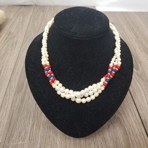 Tied Pearl Necklace with blue and red beads